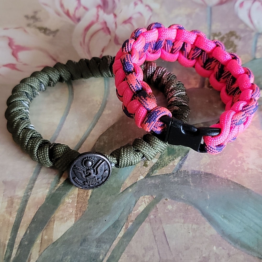 Lot of 2 His and Hers Woven Bracelets Green Pink Eagle Buckle